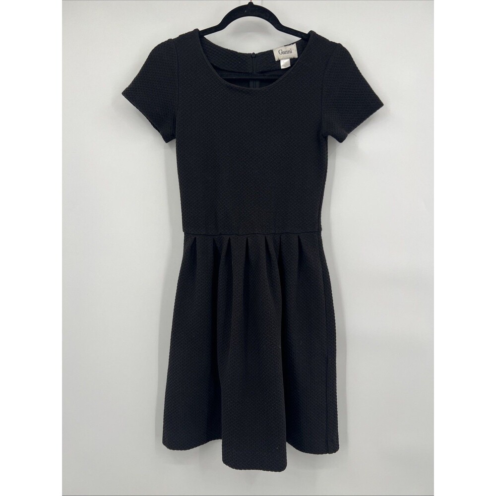 Ganni Womens Cotton Cross-Stitch Short Sleeve Knee-Length Skater Dress Black S L